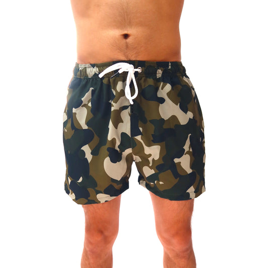 Camouflage swim shorts worn by a person on a white background