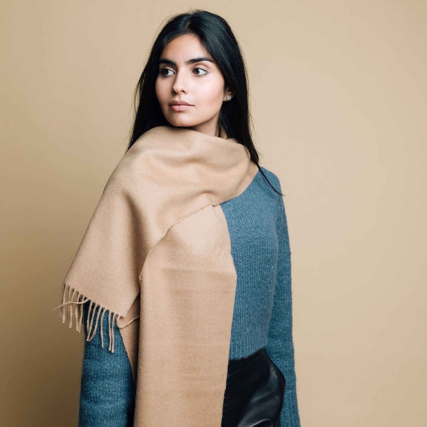 Beige Baby Alpaca Fringed Scarf Scarf WASHEIN