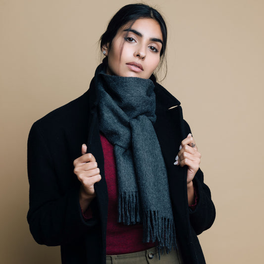 Dark Grey Baby Alpaca Fringed Scarf Scarf WASHEIN