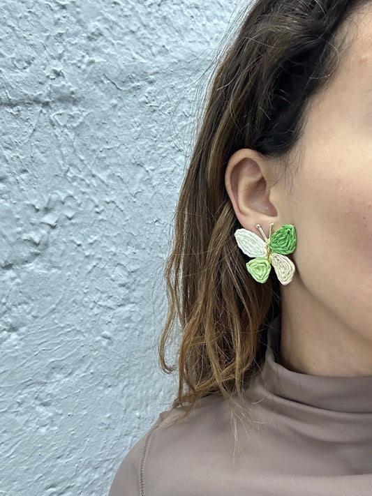 Green Butterfly Woven Straw Earings (18K Gold Plated Brass) Earrings WASHEIN