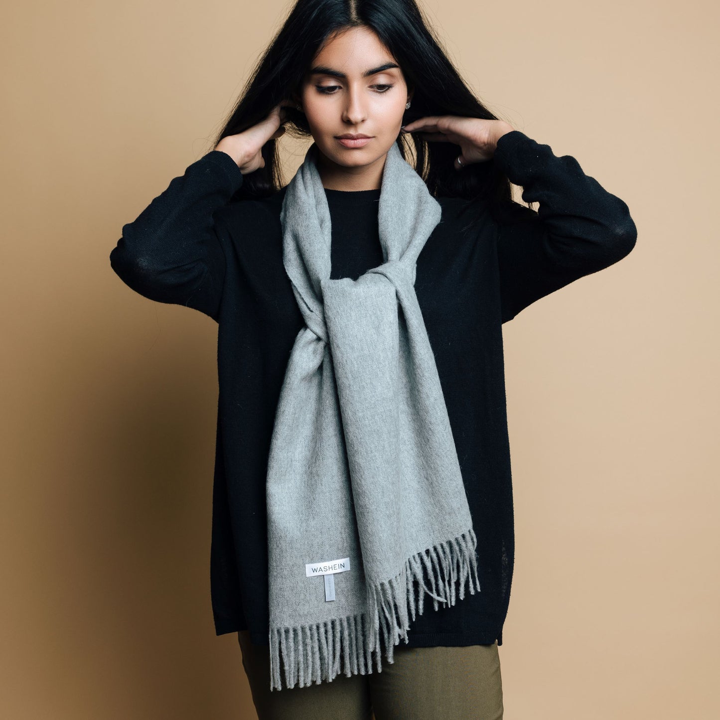 Light Grey Baby Alpaca Fringed Scarf Scarf WASHEIN