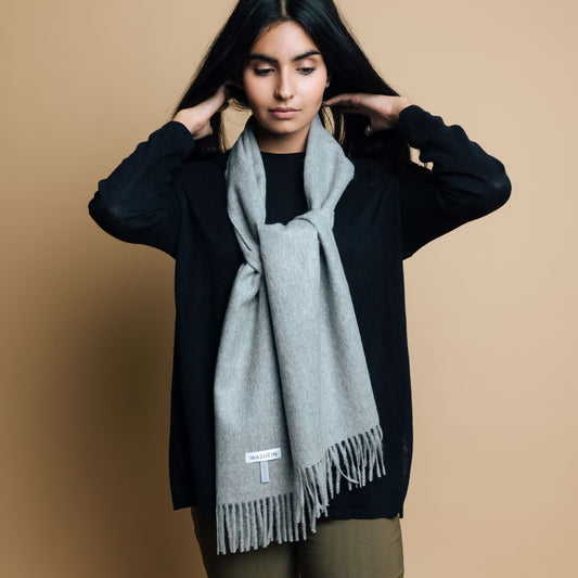 Light Grey Baby Alpaca Fringed Scarf Scarf WASHEIN