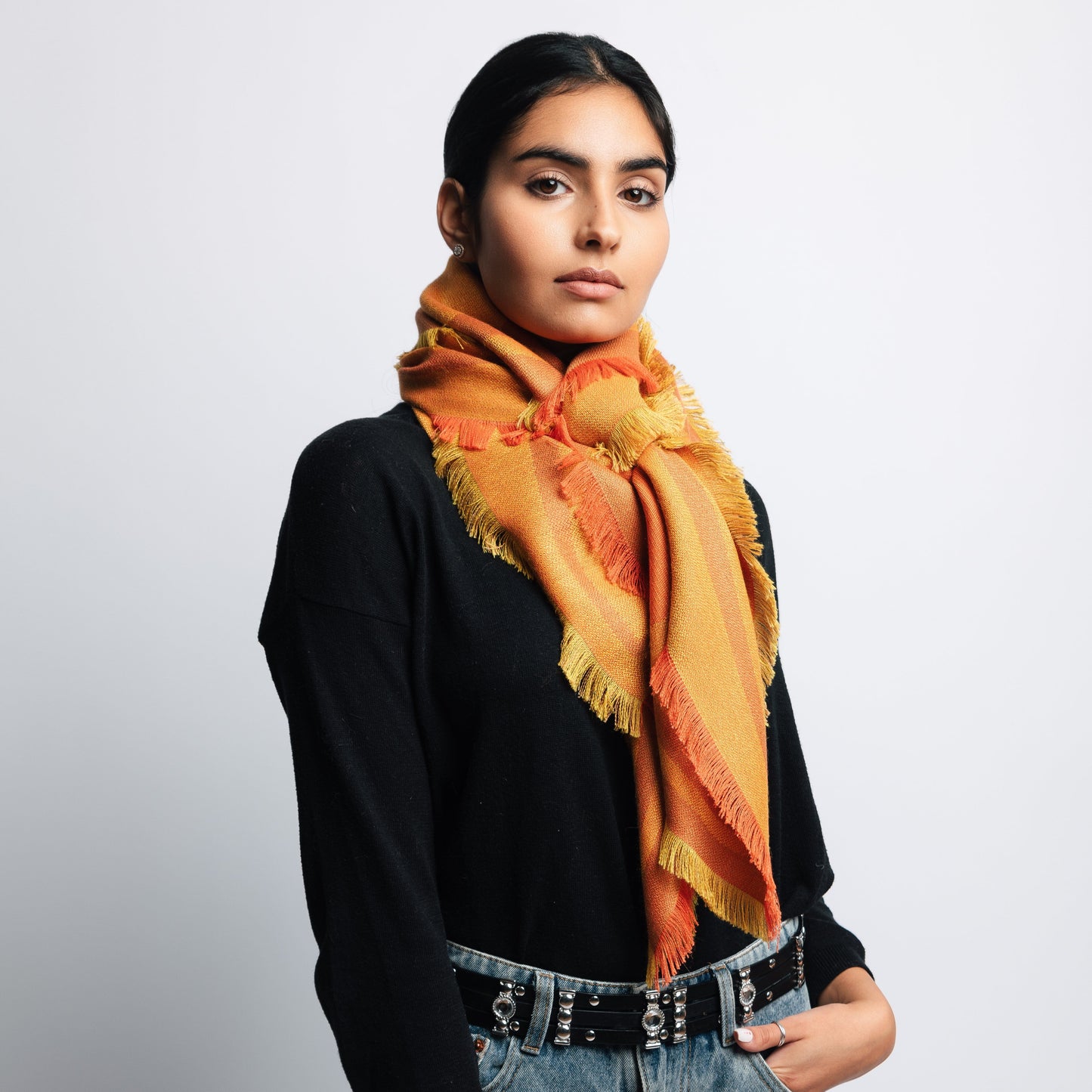 Orange Premium Baby Alpaca & Silk Large Bandana Squared Scarf Scarf WASHEIN