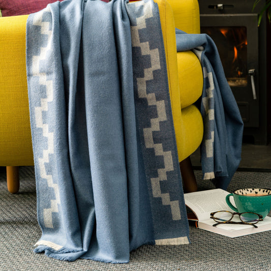 Patterned Blue Classic Premium Baby Alpaca Throw Throws WASHEIN