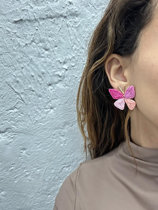 Pink Butterfly Woven Straw Earings (18K Gold Plated Brass) Earrings WASHEIN