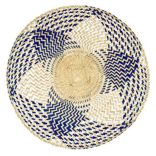 Set x 4 Natural Straw Blue & White Flower Round Placemats Placemats WASHEIN