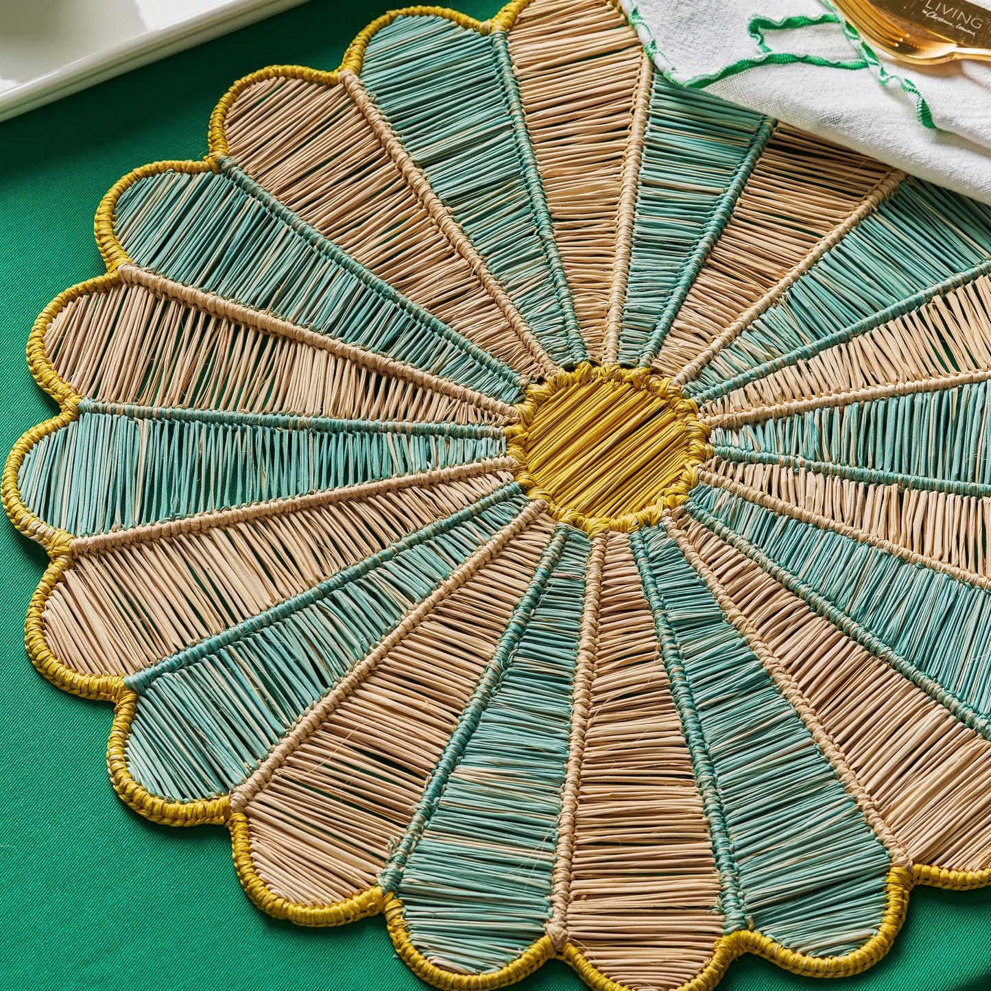 Set x 4 Natural Straw Blue & Yellow Big Flower Round Placemats Placemats WASHEIN