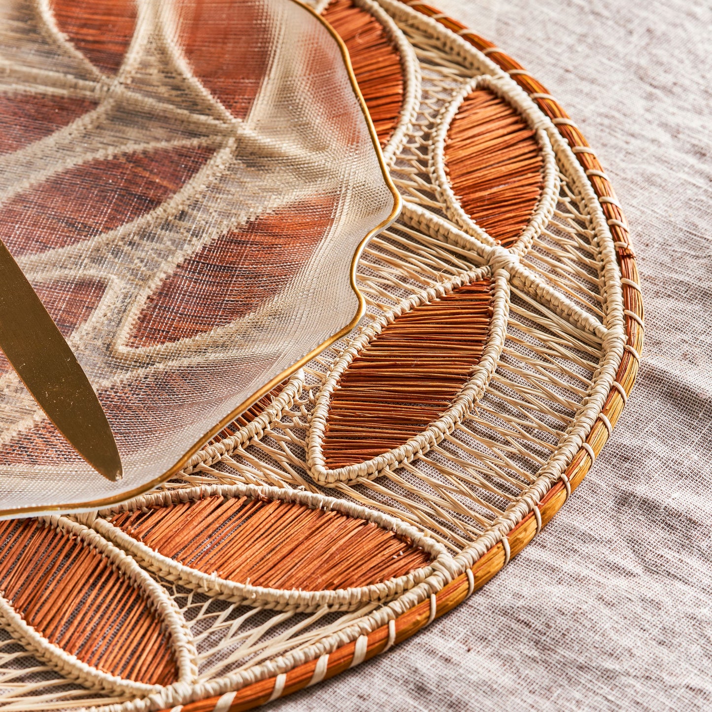 Set x 4 Natural Straw Copper Leaves Round Placemats Placemats WASHEIN
