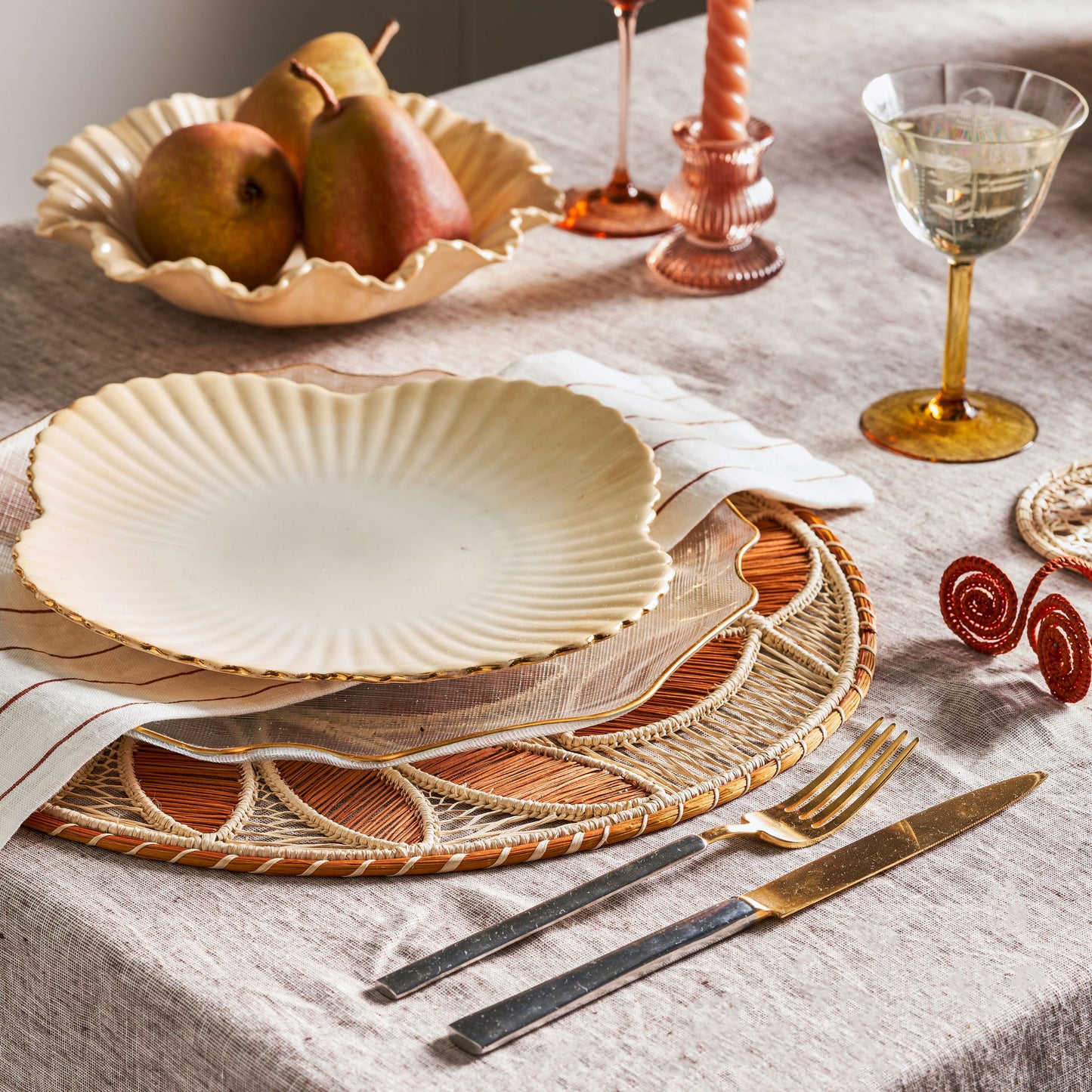 Set x 4 Natural Straw Copper Leaves Round Placemats Placemats WASHEIN