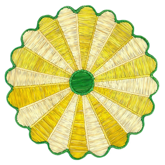 Set x 4 Natural Straw Green & Yellow Big Flower Round Placemats Placemats WASHEIN