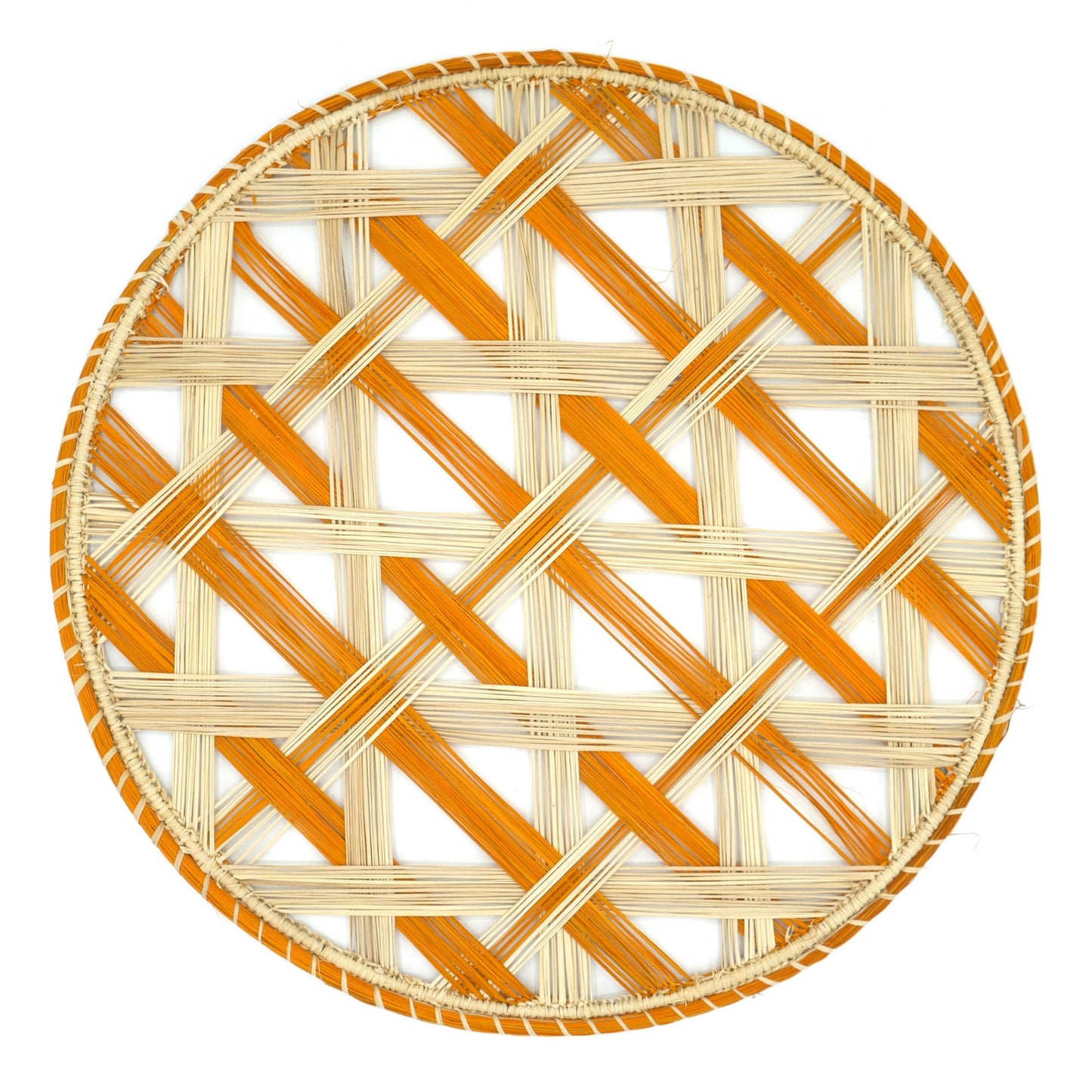 Set x 4 Natural Straw Orange Abstract Patterned Round Placemats Placemats WASHEIN