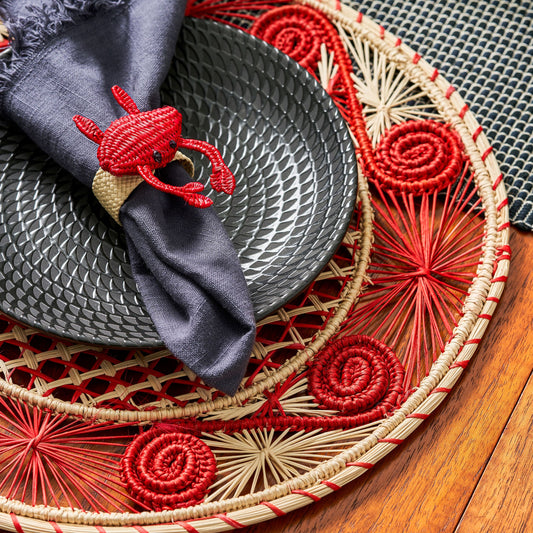 Set x 4 Natural Straw Red Caracol Round Placemats Placemats WASHEIN