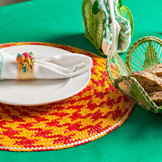 Set x 4 Natural Straw Red & Yellow Spiral Round Placemats Placemats WASHEIN