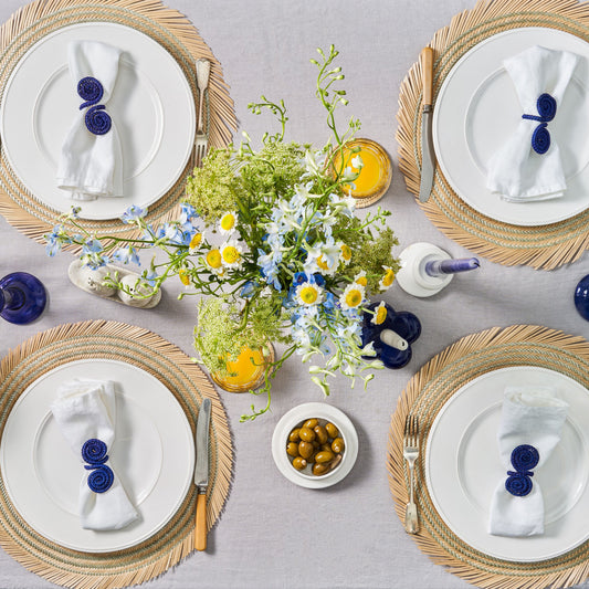Set x 4 Natural Straw Silver Swirl Round Placemats Placemats WASHEIN