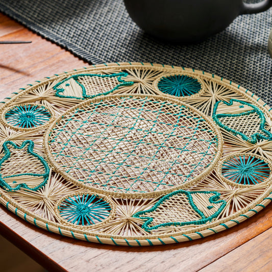 Set x 4 Natural Straw Woven Turquoise Fish Placemats Placemats WASHEIN
