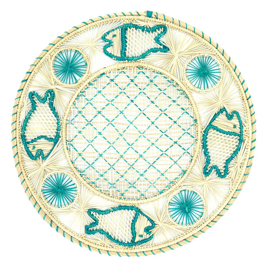 Set x 4 Natural Straw Woven Turquoise Fish Placemats Placemats WASHEIN