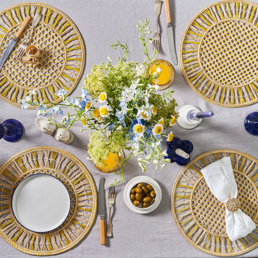 Set x 4 Natural Straw Yellow Stripe Round Placemats Placemats WASHEIN