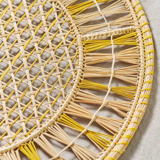 Set x 4 Natural Straw Yellow Stripe Round Placemats Placemats WASHEIN