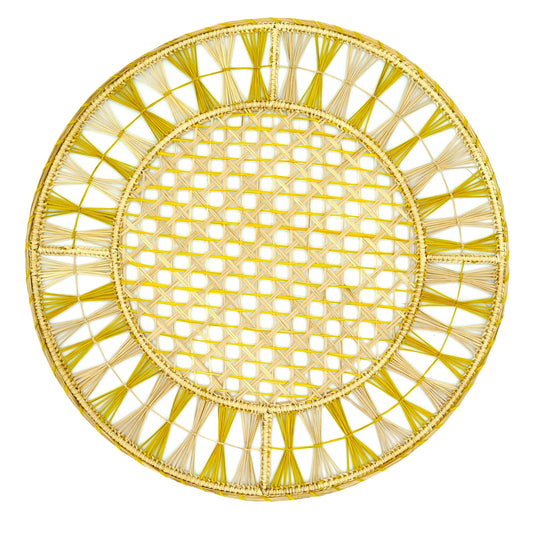 Set x 4 Natural Straw Yellow Stripe Round Placemats Placemats WASHEIN