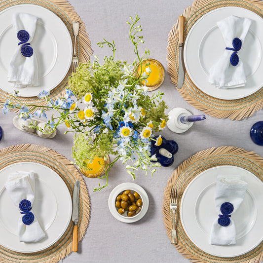 Set X 4 Woven Natural Iraca Straw Blue Spiral Napkin Rings Napkin Rings WASHEIN