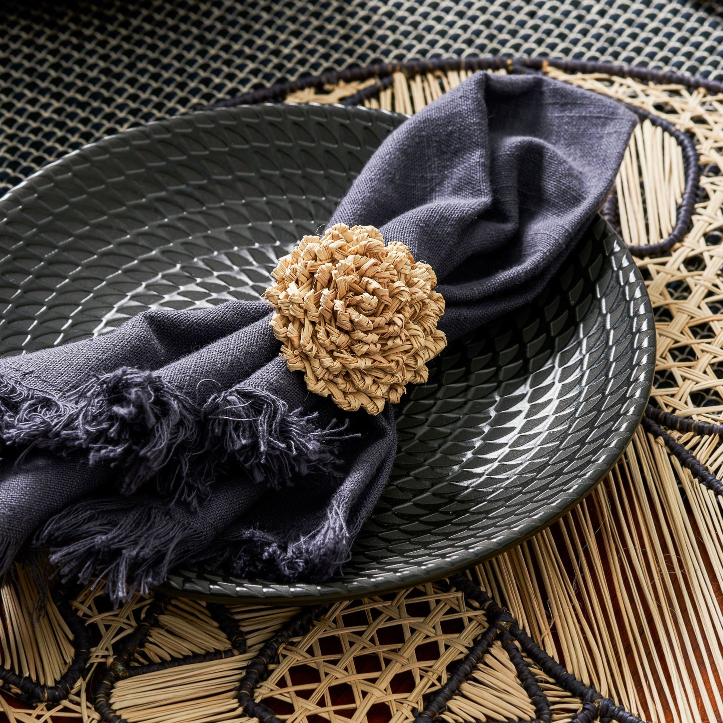 Set X 4 Woven Natural Iraca Straw Flat Rose Napkin Rings Napkin Rings WASHEIN