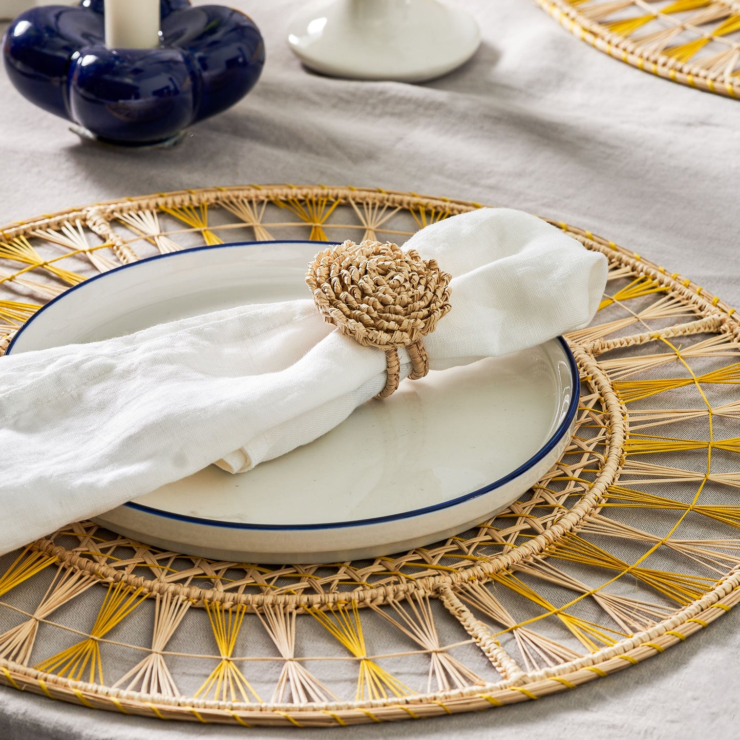 Set X 4 Woven Natural Iraca Straw Flat Rose Napkin Rings Napkin Rings WASHEIN