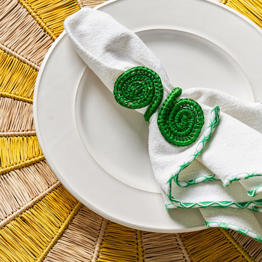 Set X 4 Woven Natural Iraca Straw Green Spiral Napkin Rings Napkin Rings WASHEIN