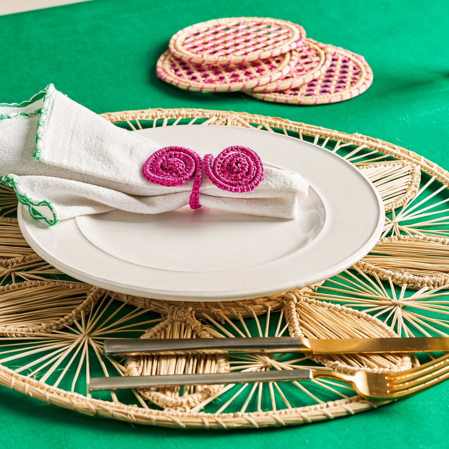 Set X 4 Woven Natural Iraca Straw Pink Spiral Napkin Rings Napkin Rings WASHEIN
