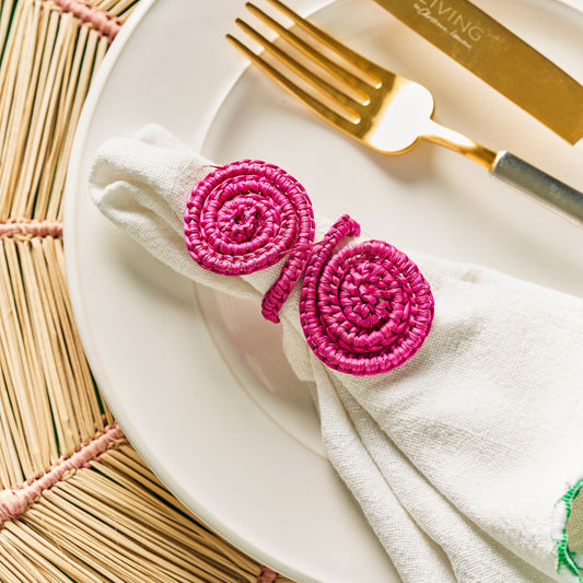 Set X 4 Woven Natural Iraca Straw Pink Spiral Napkin Rings Napkin Rings WASHEIN
