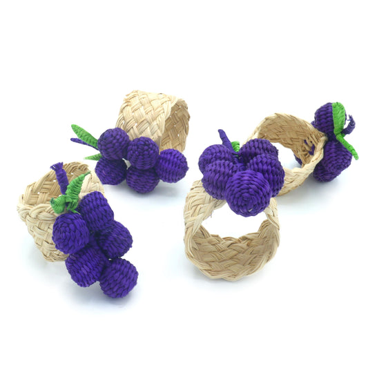 Set X 4 Woven Natural Iraca Straw Purple Grapes Fruit Napkin Rings Napkin Rings WASHEIN