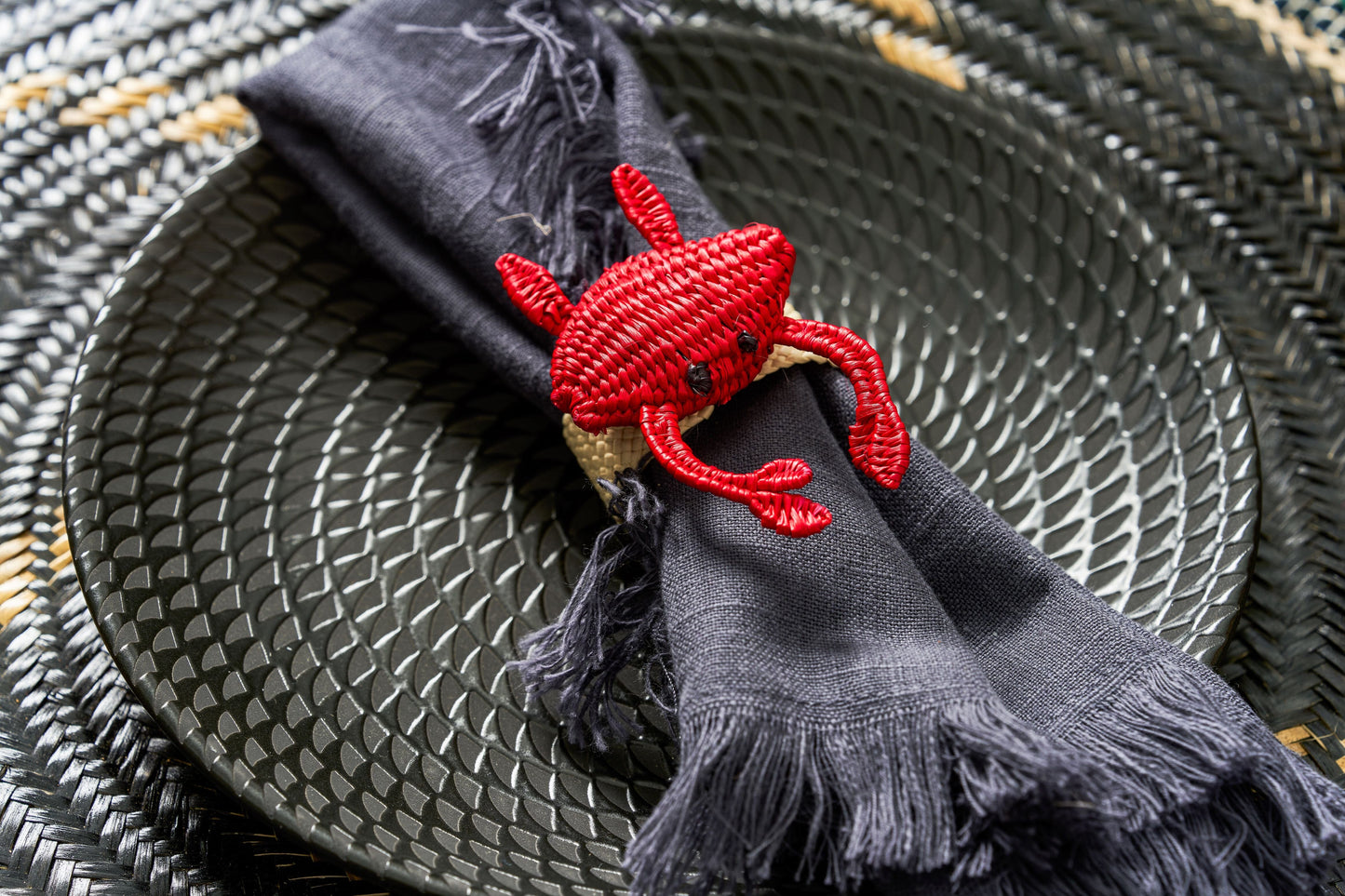 Set X 4 Woven Natural Iraca Straw Red Crab Napkin Rings Napkin Rings WASHEIN
