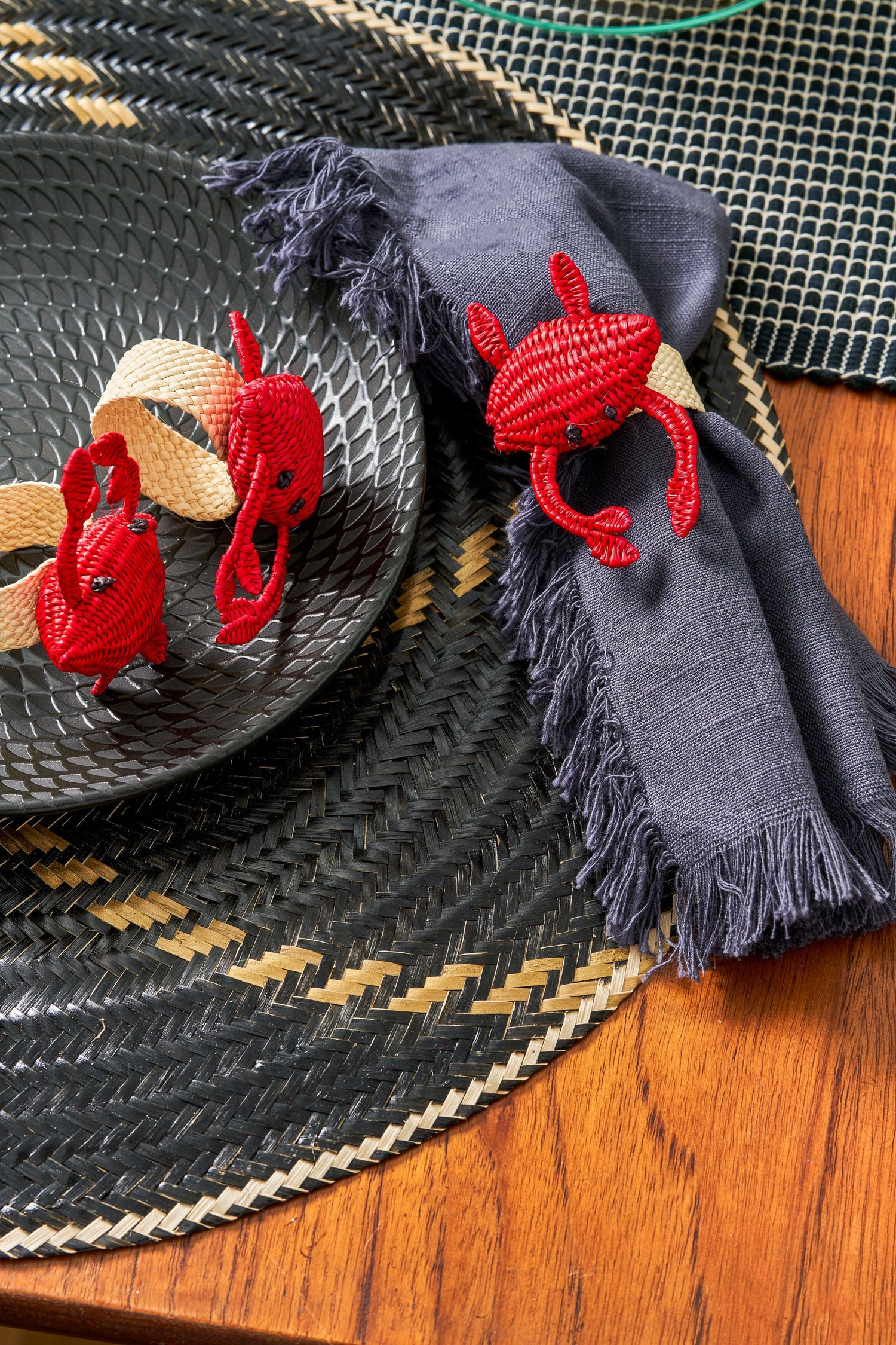 Set X 4 Woven Natural Iraca Straw Red Crab Napkin Rings Napkin Rings WASHEIN