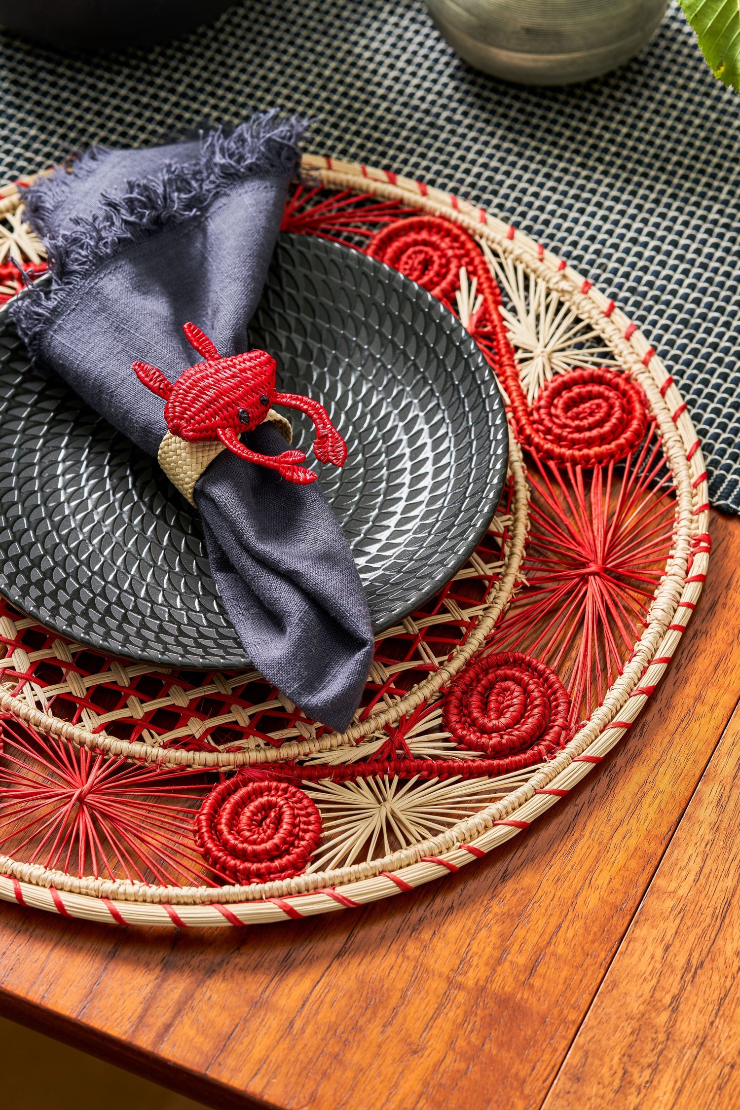 Set X 4 Woven Natural Iraca Straw Red Crab Napkin Rings Napkin Rings WASHEIN