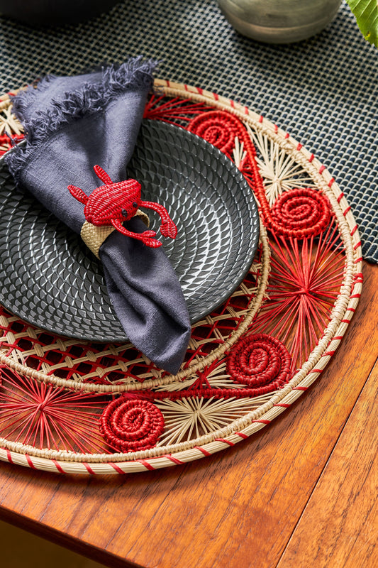 Set X 4 Woven Natural Iraca Straw Red Crab Napkin Rings Napkin Rings WASHEIN