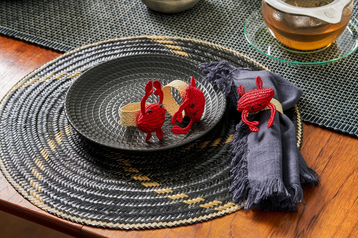 Set X 4 Woven Natural Iraca Straw Red Crab Napkin Rings Napkin Rings WASHEIN