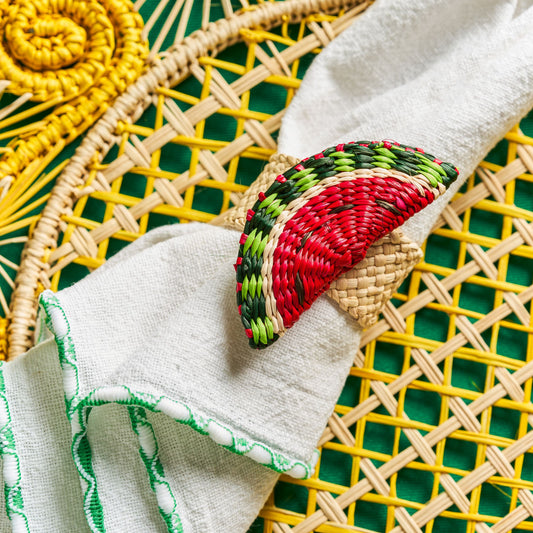 Set X 4 Woven Natural Iraca Straw Red Watermelon Napkin Rings Napkin Rings WASHEIN