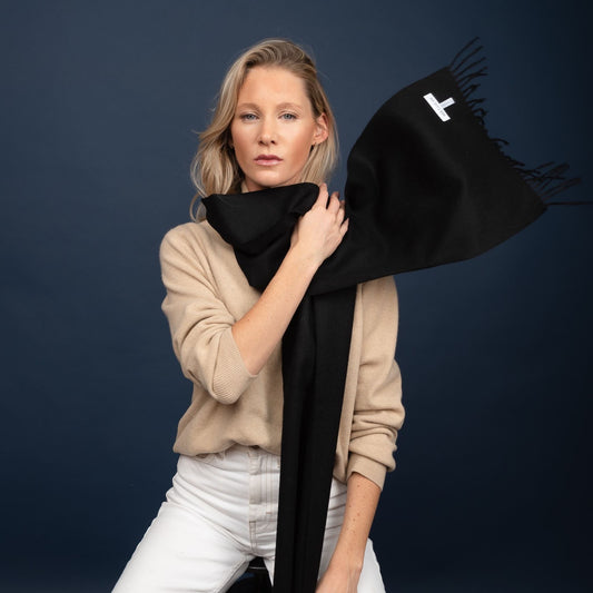 Black Baby Alpaca Fringed Scarf Scarf WASHEIN Black