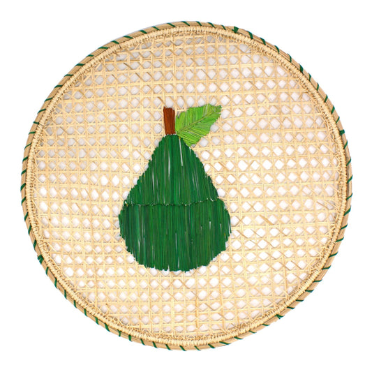 Natural Straw Woven Green Pear Fruits Round Placemats Placemats WASHEIN