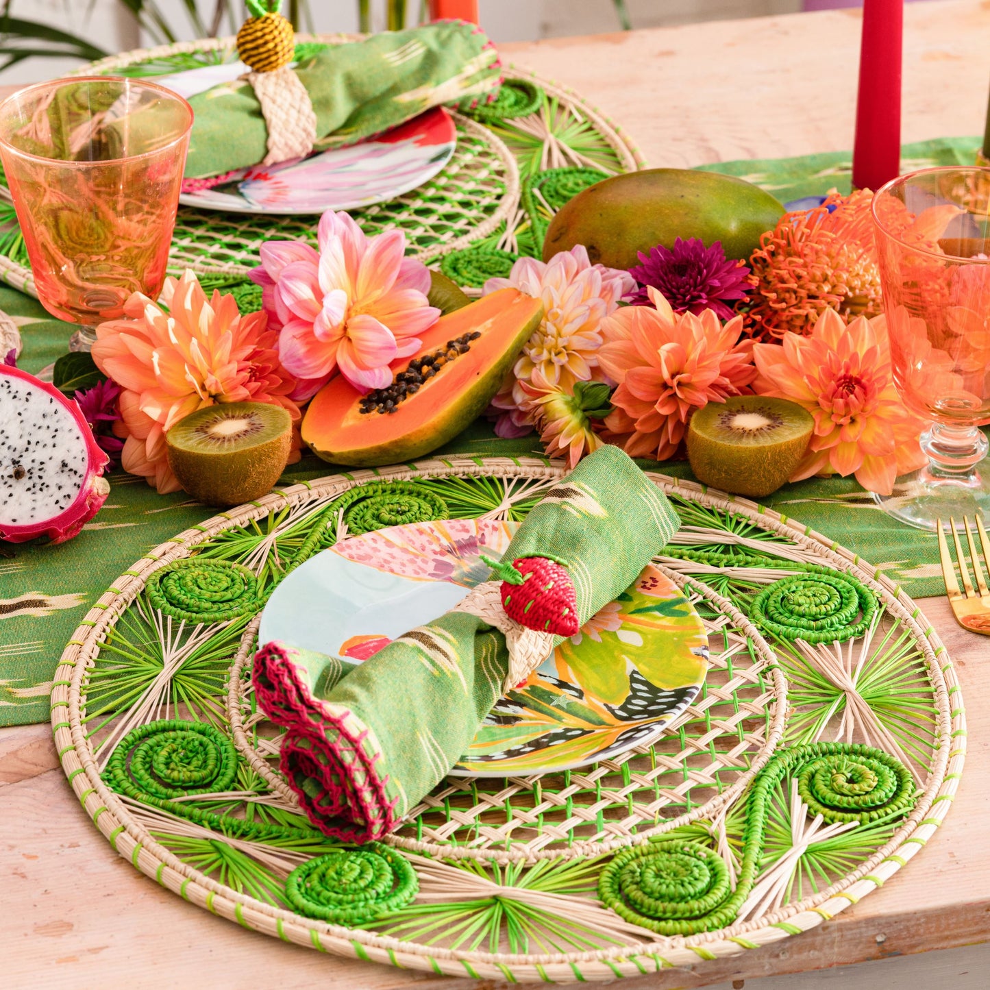 Natural Straw Woven Green Spiral Round Placemats Placemats WASHEIN