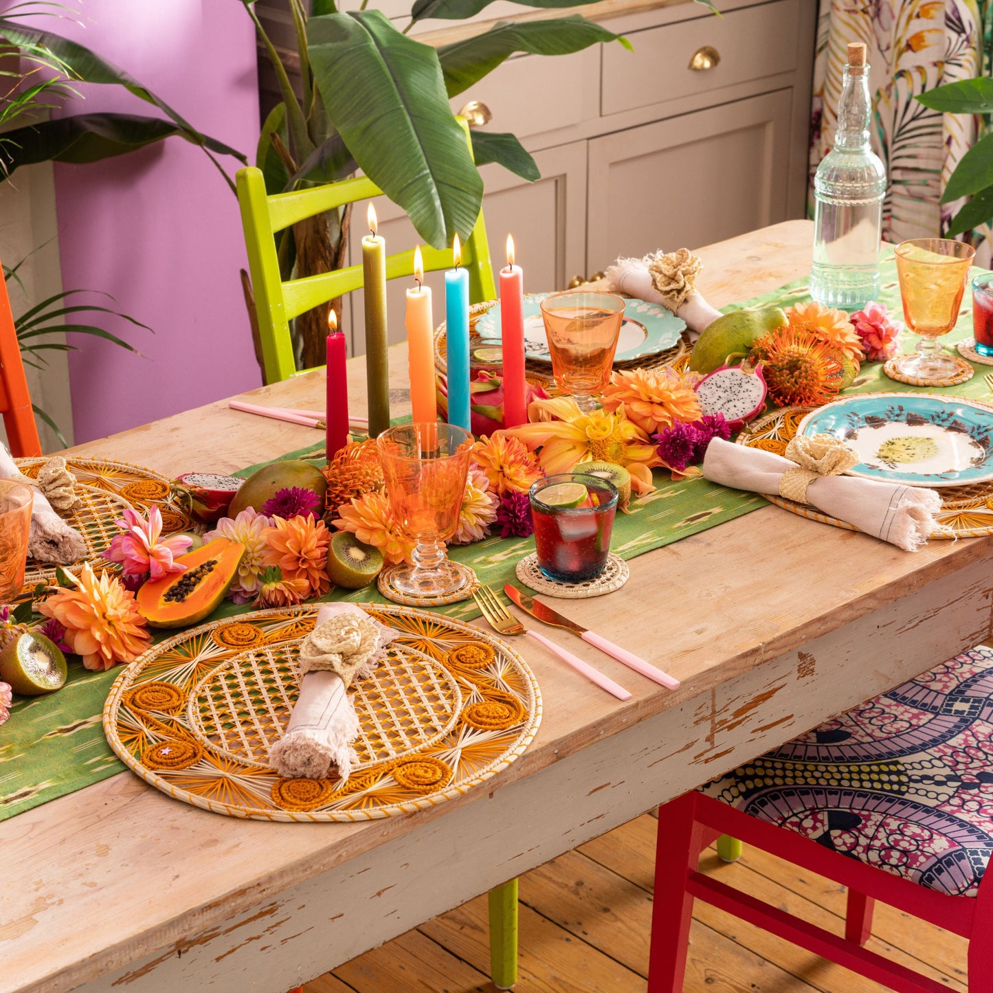 Natural Straw Woven Orange Spiral Round Placemats Placemats WASHEIN