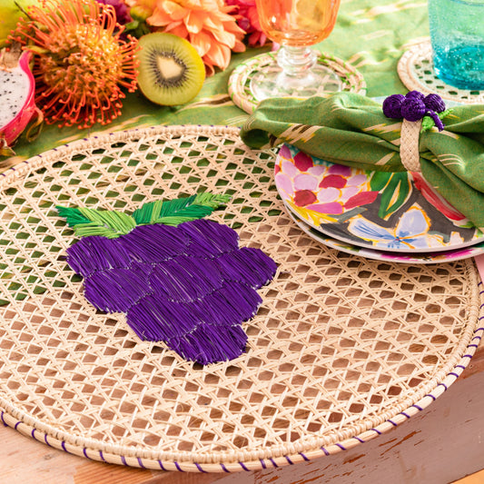 Natural Straw Woven Purple Grapes Fruits Round Placemats Placemats WASHEIN