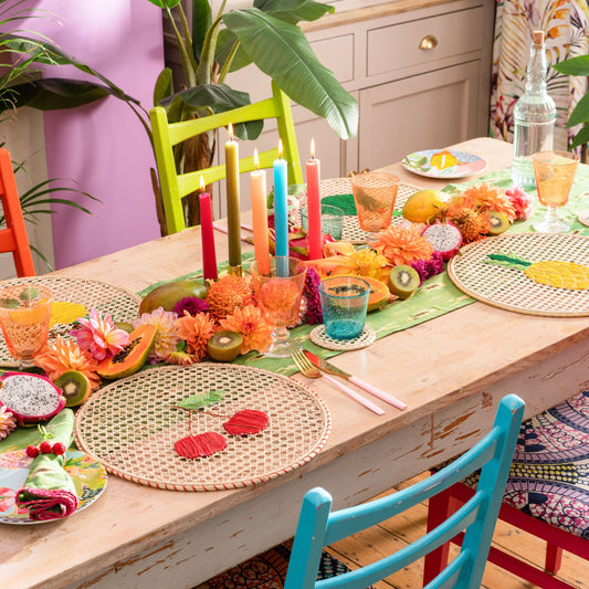 Natural Straw Woven Red Cherry Fruits Round Placemats Placemats WASHEIN