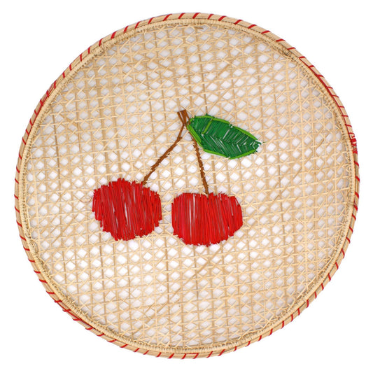 Natural Straw Woven Red Cherry Fruits Round Placemats Placemats WASHEIN