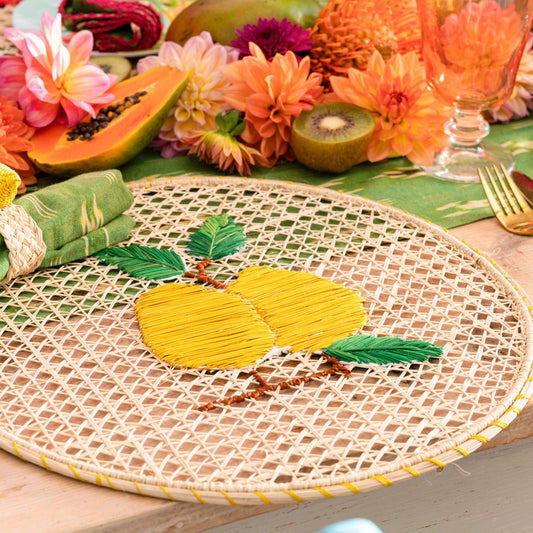 Natural Straw Woven Yellow Lemon Fruits Round Placemats Placemats WASHEIN