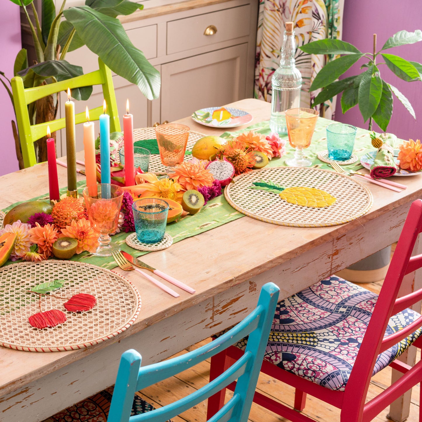 Natural Straw Woven Yellow Pineapple Fruits Round Placemats Placemats WASHEIN