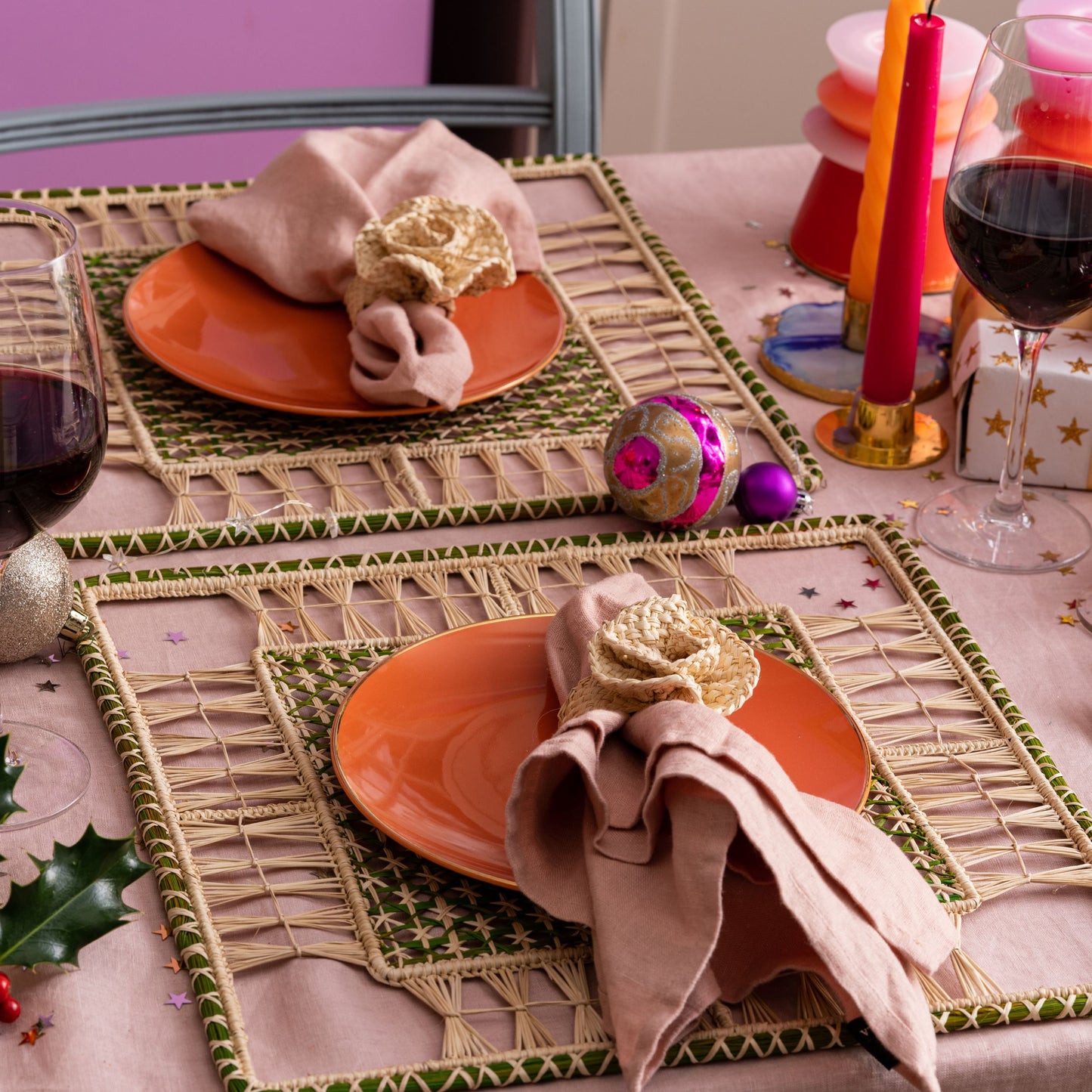 Natural Woven Straw Green Olive Square Placemats Placemats WASHEIN