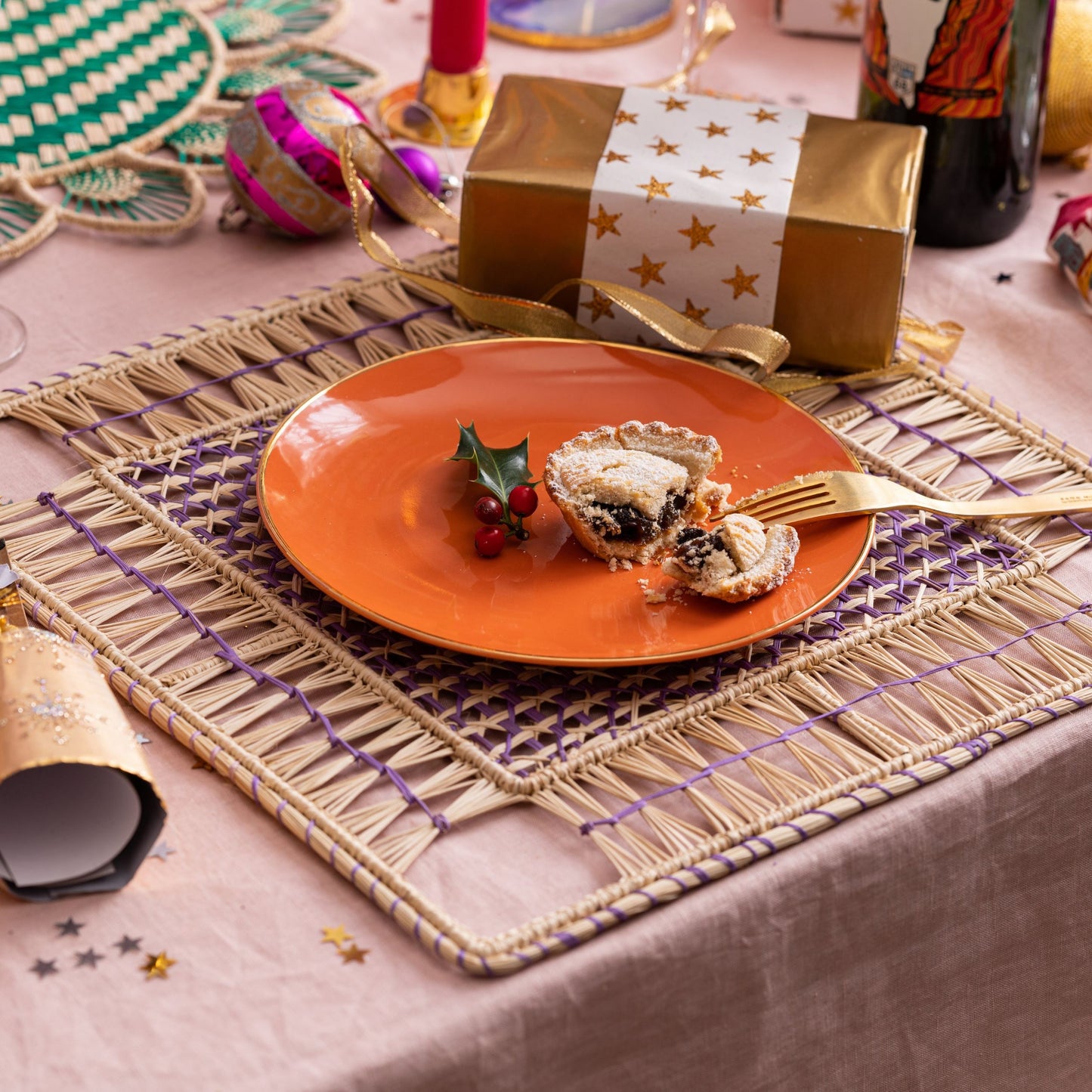 Natural Woven Straw Purple Lavender Square Placemats Placemats WASHEIN