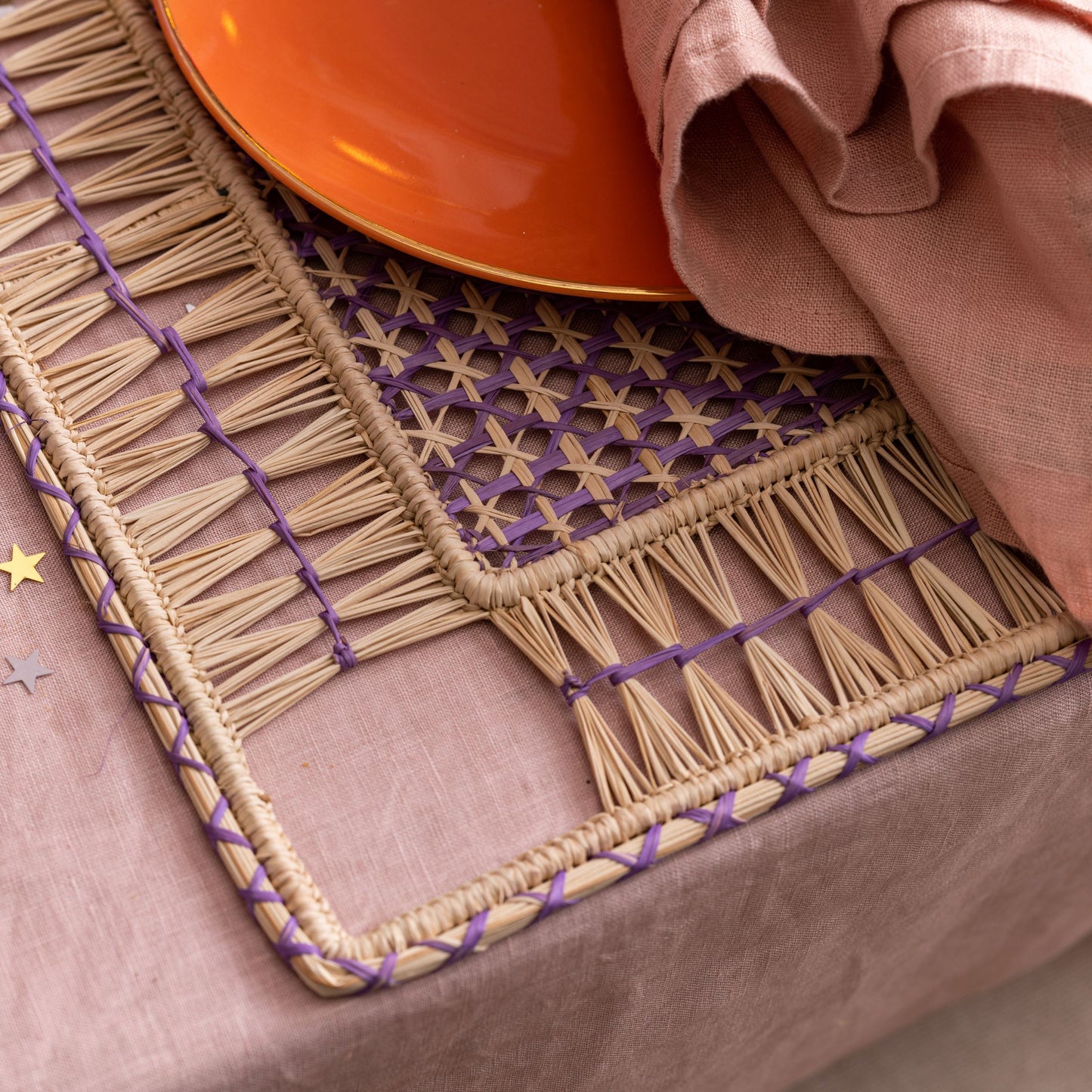 Natural Woven Straw Purple Lavender Square Placemats Placemats WASHEIN