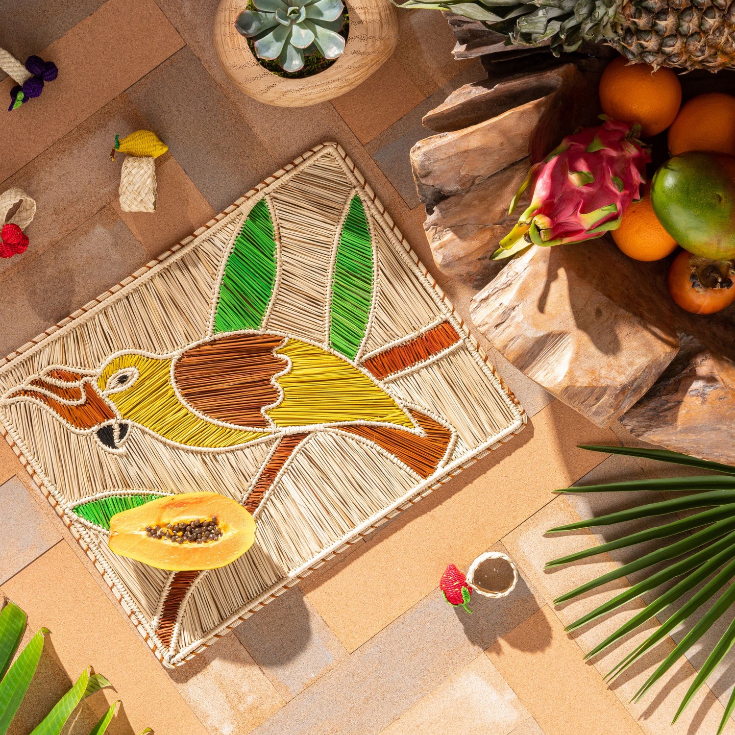 Natural Woven Straw Yellow Cockatoo Rectangular Placemats Placemats WASHEIN