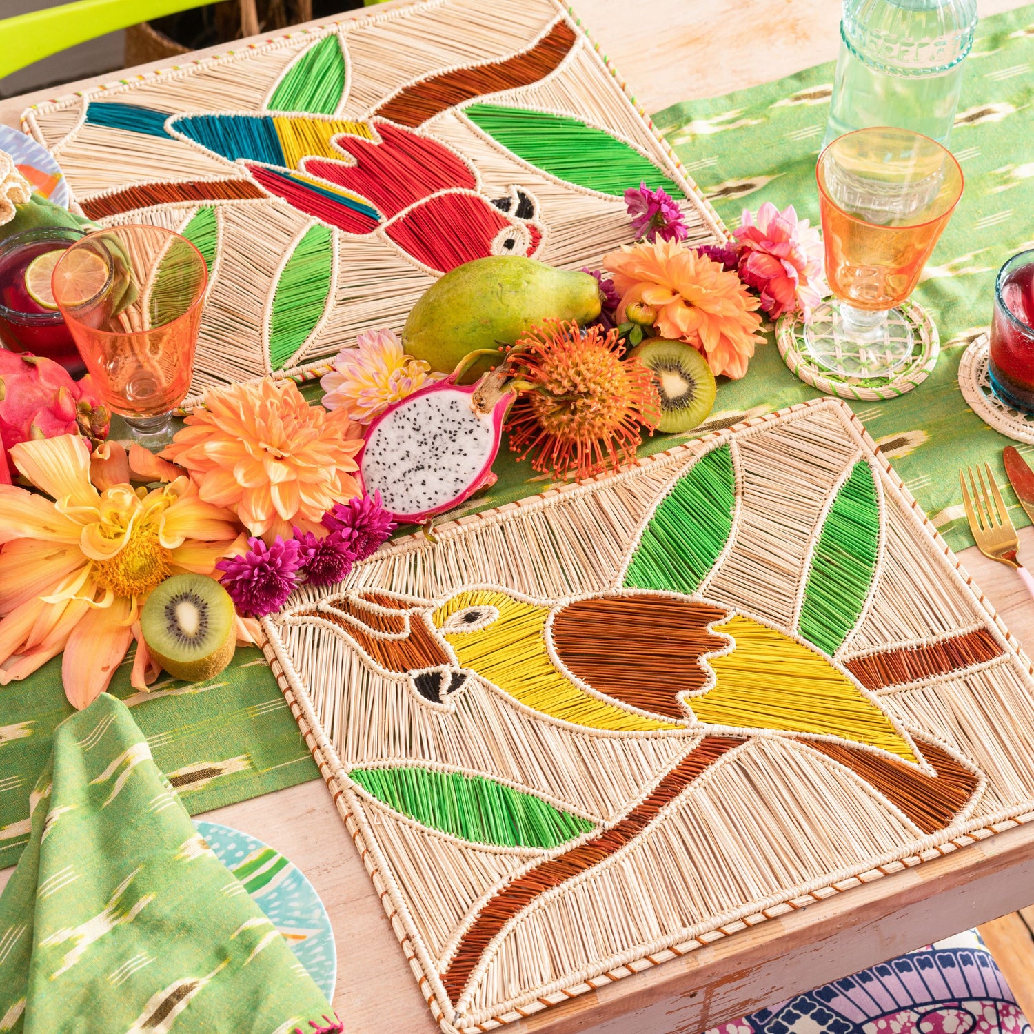 Natural Woven Straw Yellow Cockatoo Rectangular Placemats Placemats WASHEIN